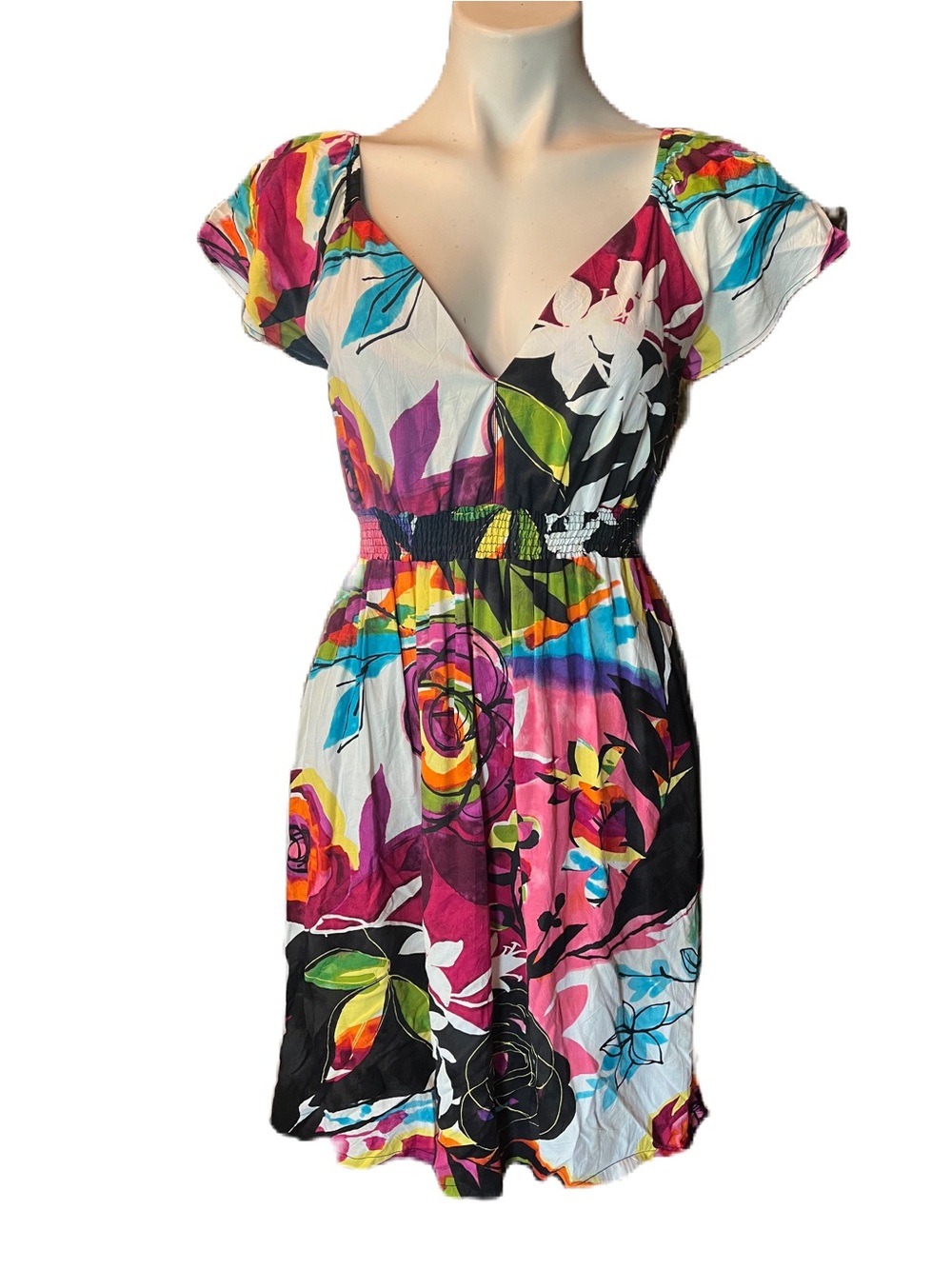 Jams World vintage ‘Sherbet Garden” colorful Floral V-Neck Short Dress XS